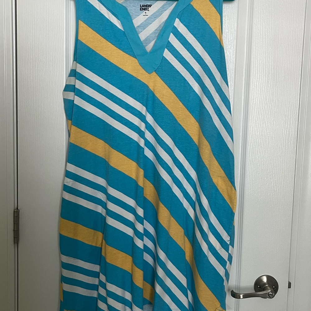 Lands' End Turquoise, Yellow & White Striped V-Neck Dress
